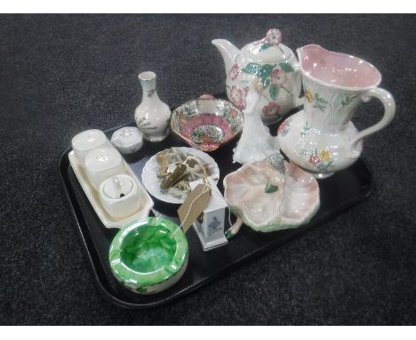 A tray containing Royal Doulton figure, Happy Anniversary, five piece of Maling, Wade Whimsies, Midwinter Peter Scott Wild Ge