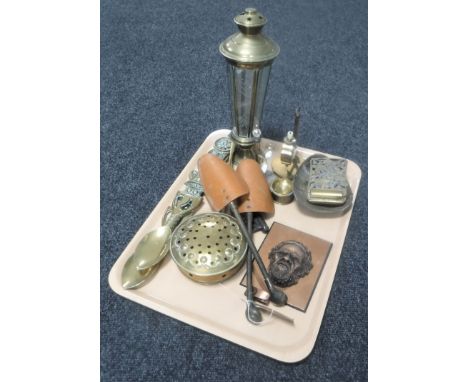 A tray of assorted brass ware including miniature bed warming pan, desk clock etc together with shoe stretchers and a copper 