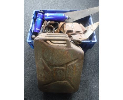 A plastic crate of vintage hand tools, leather tool belt and a Jerry can 