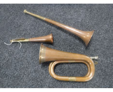 Three copper and brass hunting horns