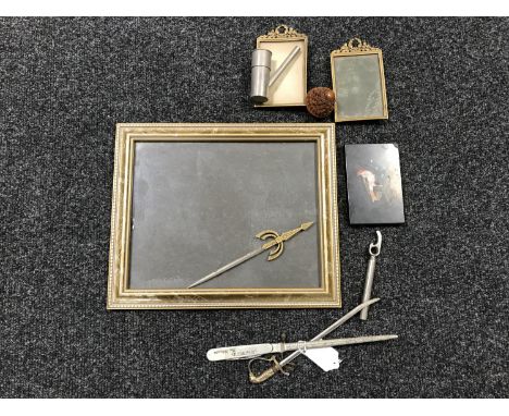 A small pietra dura plaque depicting a bird on a branch, tobacco pipe, knife, miniature photograph frames etc 