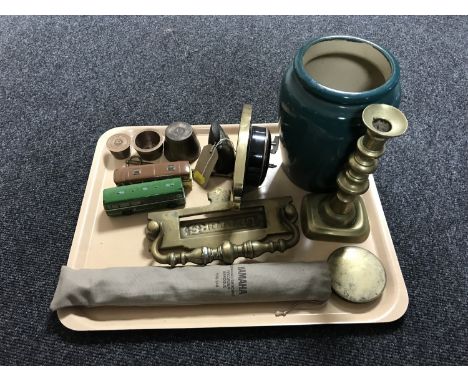 A tray of Yamaha recorder, vintage brass letter box, brass candlestick, Maxim mantel clock, pottery vase, die cast buses, met