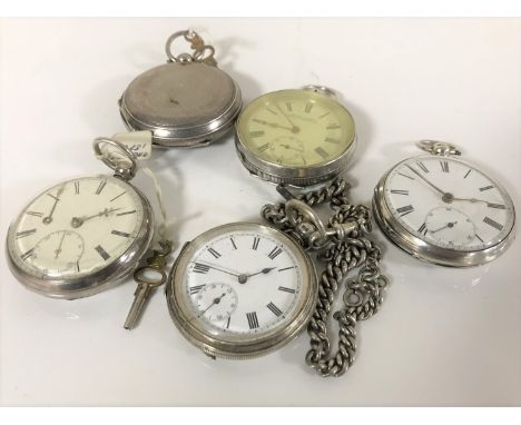 A collection of five silver pocket watches to include - a fusee driven example dated 1874 with no.5 key, William Gray key-win