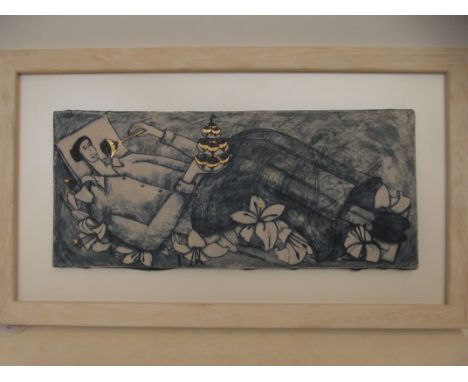 Wendy Kershaw (20th century British) ceramic wall plaque mounted to a limed frame, an illustration of Tennyson's poem 'Maud' 