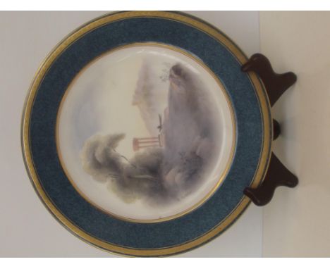 Early 20th century Royal Worcester hand-painted plate depicting figure in boat and classical column structure with trees in t