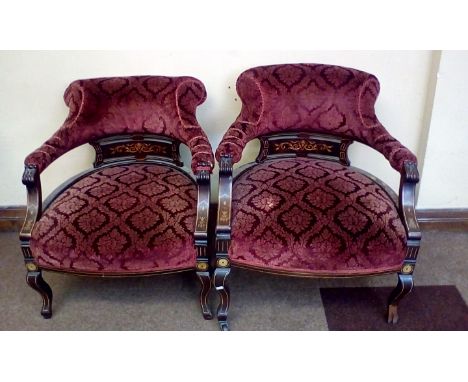 Pair of Victorian marquetry inlaid tub chairs, some light restoration required , height 75cm