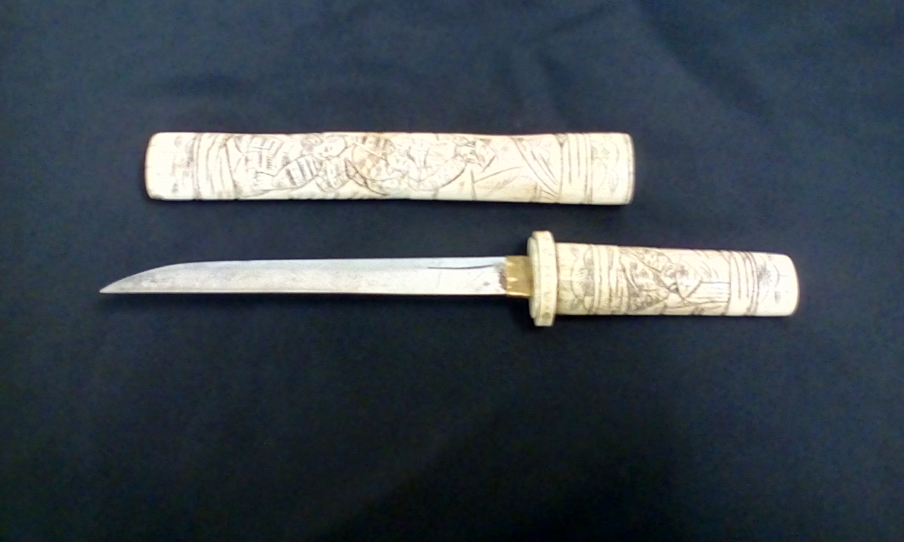 Japanese Carved Bone Knife With Scabbard