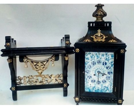 Bracket clock and stand, blue and white plaques, height including the stand 90 cm