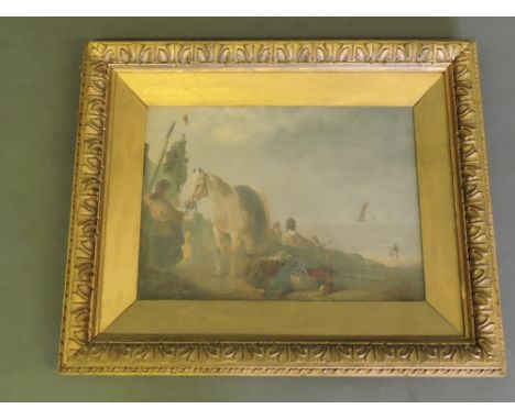 Follower of Edward Robert Smythe, Figures on a Beach with the Catch and a Pack-horse, oil on canvas, signed lower right, 26cm