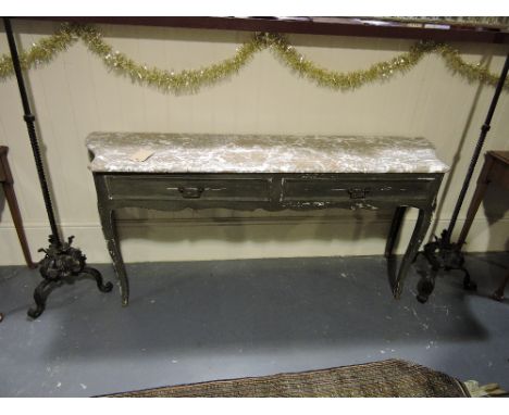 A French style painted marble top console table, fitted two drawers on angular cabriole legs, W. 160cm.