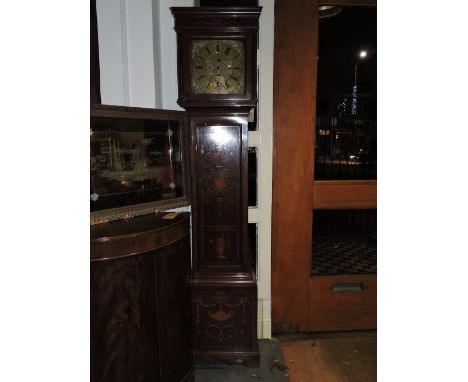 An early 19th Century mahogany longcase clock case and dial, later marquetry inlaid in the manner of Edwards & Roberts, the s