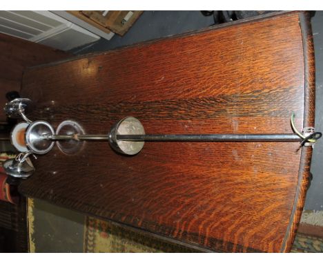 A 1940s chrome and beech two-branch tall ceiling light, H. 92cm.