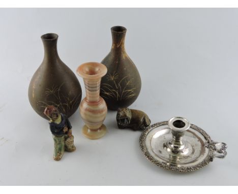 A pair of studio pottery baluster vases, a plated chamber stick, circular box and three other items.