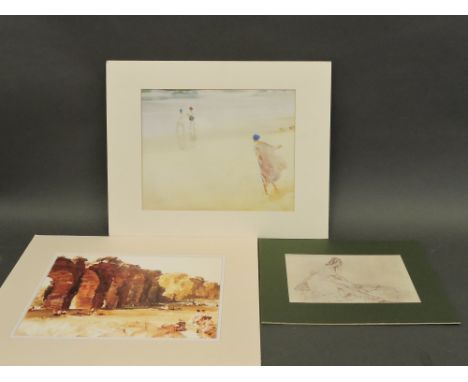 After William Russell Flint, Figures on a Sandy Beach, coloured print, 27cm x 34cm; together with two other works. (3)