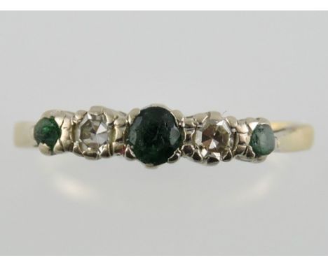 An emerald and diamond five-stone ring, claw set in a 9ct gold band, size R.