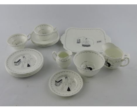 Rare Foley porcelain Mayfair series 16 piece part tea service designed by Milner Gray, comprising plate, 2 cups, 4 saucers, 6