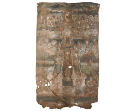 Rollbild (Patua).: Gouache auf Lwd., wohl Kambodscha um 1900. Ca. 154 x 78 cm.  Oben thront Buddha umgeben von betenden Götte