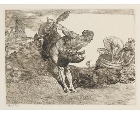 Jettmar, Rudolf: (1869 Zawodzie/Polen - Wien 1939). Herkules bringt den erymanthischen Eber vor Eurystheus. Aus der Folge "Ze