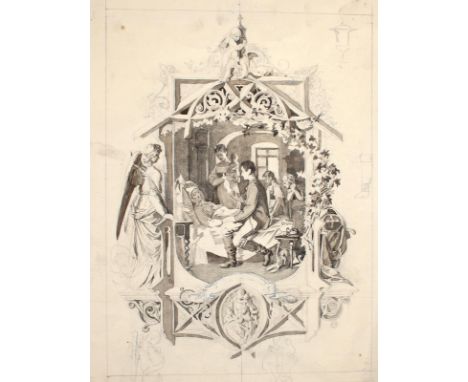 Machold, Joseph: (1824 Bennisch - Wien 1889). Im Bett liegende Person, von Familie umgeben. Aquarell. Bleistiftzeichnung, woh