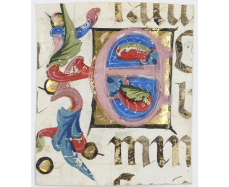 Initiale E: mit floraler Randverzierung. Deckfarbenmalerei in Farben u. Gold aus einer liturgischen, latein. Notenhandschrift