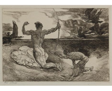Jettmar, Rudolf: (1869 Zawodzie/Polen - Wien 1939). Herkules erlegt die stymphalischen Vögel. Aus der Folge "Zehn Taten des H