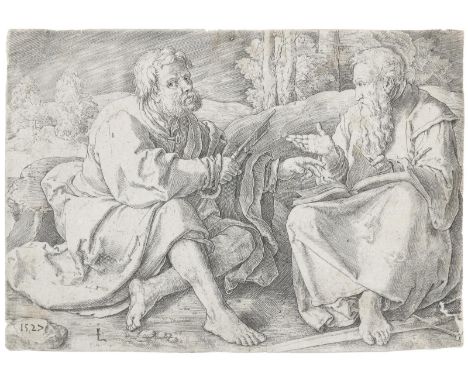 Leyden, Lucas van: (1494 Leiden 1533). Die Hl. Petrus und Paulus in einer Landschaft sitzend. Kupferstich auf Bütten, 1527. 1