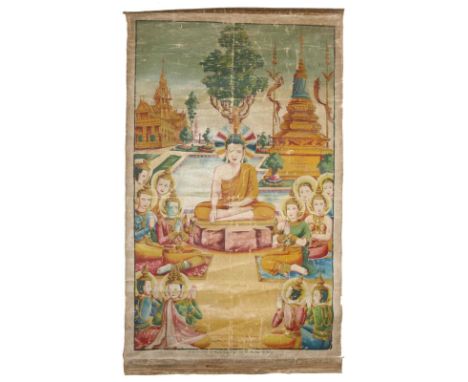 Rollbild (Patua).: Gouache auf Lwd., wohl Kambodscha, 20. Jh. Ca. 135 x 78 cm.  Buddha thront mit Bhumisparsha Mudra - die Er