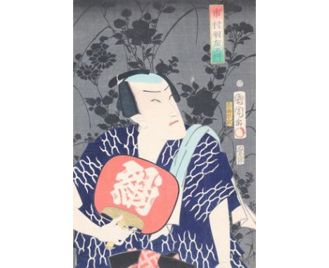 Kunichika, Toyohara: (1835-1900). Oban: Portrait eines Schauspielers mit rotem Fächer. Sign. Kunichika ga mit Toshidama-Siege