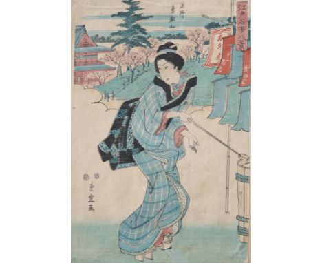 Shigenobu II, Yanagawa: (tätig ca. 1820 - bis späte 1850er Jahre) Oban: Elegante junge Dame in einem Park vor einem Tempel; m