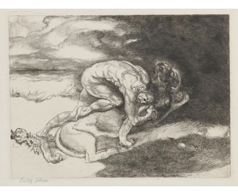 Jettmar, Rudolf: (1869 Zawodzie/Polen - Wien 1939). Herkules erwürgt den nemäischen Löwen. Aus der Folge "Zehn Taten des Herk