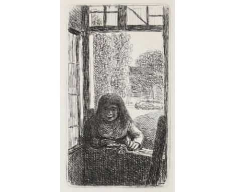 Klengel, Johann Christian: (1751 Kesseldorf - Dresden 1824). Frau am Fenster. Radierung. Plgr. ca. 8,3 x 4,7 cm, Blgr. ca. 11