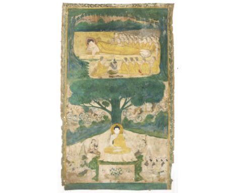 Rollbild (Patua).: Gouache auf Lwd., wohl Kambodscha. 20. Jhdt. 85 x 225 cm.   Buddha meditiert unter dem Bodhi-Baum, in der 
