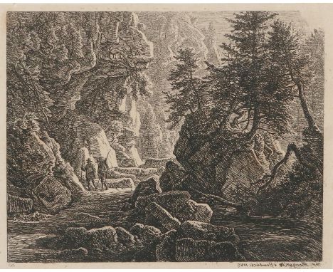 Morgenstern, Christian: (1805 Hamburg - München 1867). Die beiden Tiroler in der Felsschlucht. Partie aus dem Zemmgrunde ober