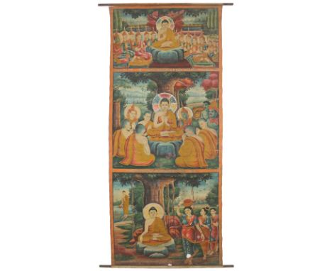Rollbild (Patua).: Gouache auf Lwd., wohl Kambodscha 20. Jh. Ca. 214 x 89,5 cm. Mit Rundstäben oben u. unten.  Im oberen Teil