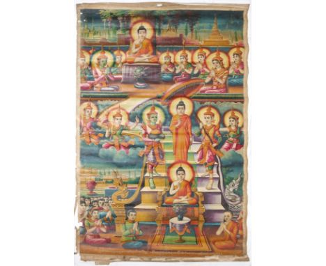Rollbild (Patua).: Gouache auf Lwd., wohl Kambodscha, 20. Jh. Ca. 220 x 138 cm.  Dargestellt sind Szenen auf dem Leben Buddha
