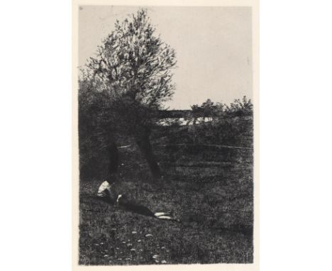 Leibl, Wilhelm: (1844 Köln - Würzburg 1900). Wiese mit Kindern. La dolce far niente. Radierung auf Bütten mit WZ "Einhorn" um