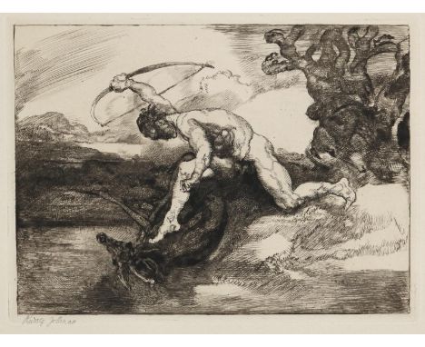 Jettmar, Rudolf: (1869 Zawodzie/Polen - Wien 1939). Herkules fängt die kerynitische Hirschkuh . Aus der Folge "Zehn Taten des