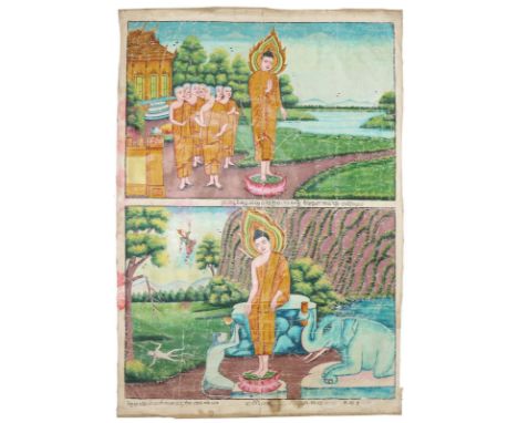 Rollbild (Patua).: Gouache auf Lwd., wohl Kambodscha 20. Jh. Ca. 170 x 115 cm.  Im oberen Teil verbreitet Buddha das Dharma a