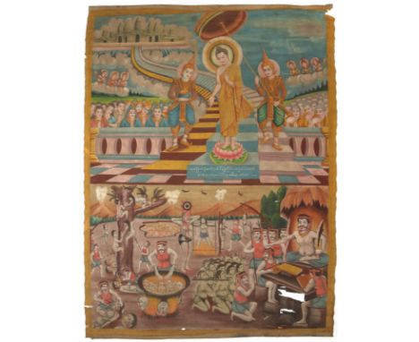 Rollbild (Patua).: Gouache auf Lwd., wohl Kambodscha, 20. Jh. Ca. 200 x 146 cm.  Dargestellt sind Szenen aus dem Leben Buddha