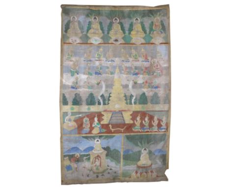 Rollbild (Patua).: Gouache auf Lwd. 20. Jhdt. 200 x 122 cm.  Zentrale Szene neben dem Chulamani Chedi mit dem Mönch Phra Mala
