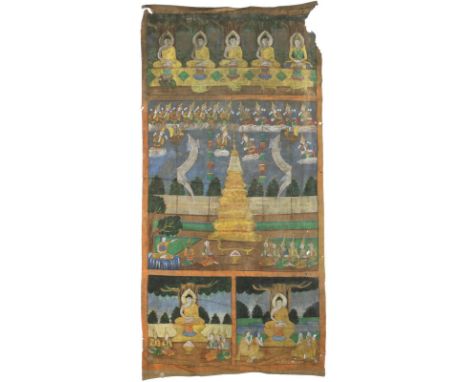 Rollbild (Patua).: Gouache auf Lwd. 20. Jhdt. 181 x 90 cm.  Zentrale Szene neben dem Chulamani Chedi mit dem Mönch Phra Malai