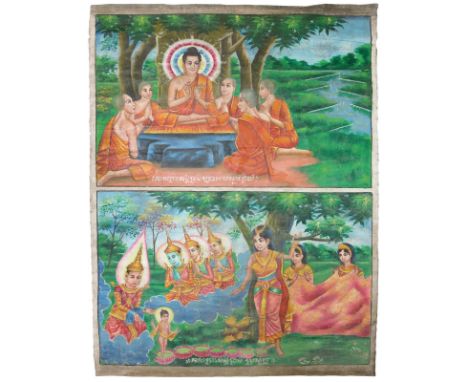 Rollbild (Patua).: Gouache auf Lwd., wohl Kambodscha. 20. Jhdt. Ca. 146 x 210 cm.   Nach der Entbindung durch seiner Mutter, 