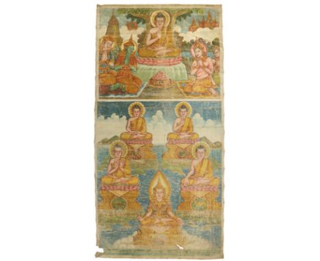 Rollbild (Patua).: Gouache auf Lwd., wohl Kambodscha, 20. Jh. Ca. 209 x 103 cm.  Im oberen Teil sitzt Buddha mit Tarjani Mudr