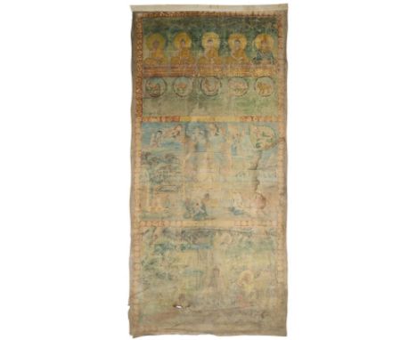 Rollbild (Patua): Gouache auf Lwd., wohl Kambodscha 20. Jh. Ca. 186 x 87 cm.  Bildrolle mit 3 Darstellungen: oben fünf Götter