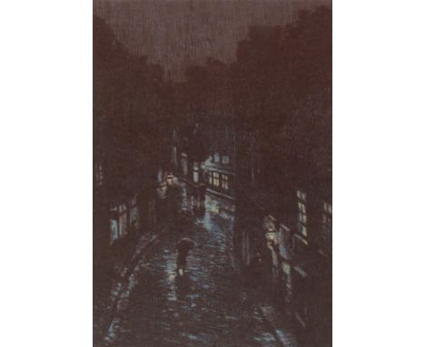 Kallmorgen, Friedrich: (1856 Altona - Grötzingen 1924). Nächtliche Straße. Lithographie auf mittelblauem Karton bei Braun, Ka