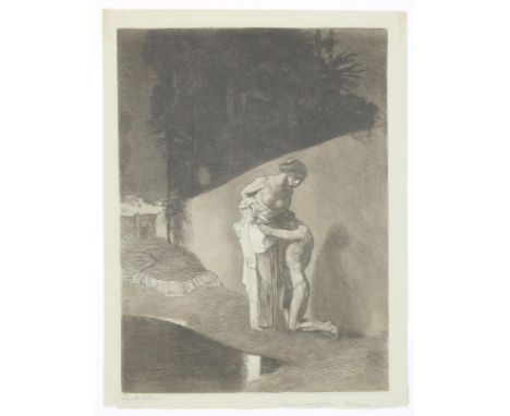 Jettmar, Rudolf: (1869 Zawodzie/Polen - Wien 1939). Liebespaar. Radierung auf grünem Papier, 1904. 28,7 x 21,3 cm, Blgr. ca. 