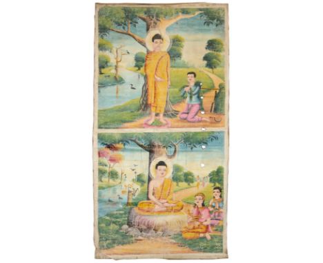 Rollbild (Patua).: Gouache auf Lwd., wohl Kambodscha 20. Jh. Ca. 184 x 95 cm.  Buddha wird Nahrung in einer Flusslandschaft d