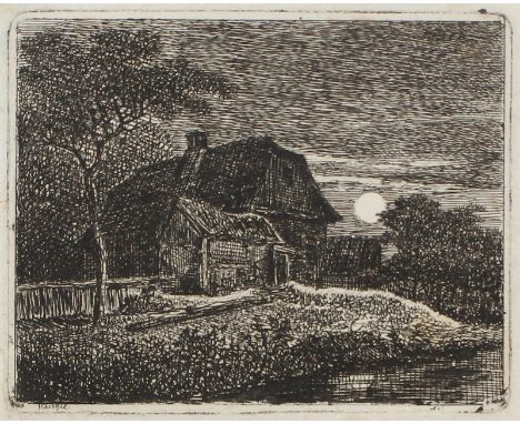 Klengel, Johann Christian: (1751 Kesseldorf - Dresden 1824). Haus an Gewässer bei Mondschein. Radierung. Plgr. ca. 7,1 x 8,9 
