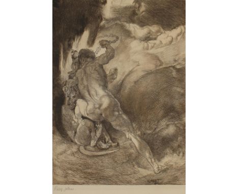 Jettmar, Rudolf: (1869 Zawodzie/Polen - Wien 1939). Herkules holt den Zerberus. Radierung, 1929. 31,8 x 23,9 cm, Blgr. ca. 41