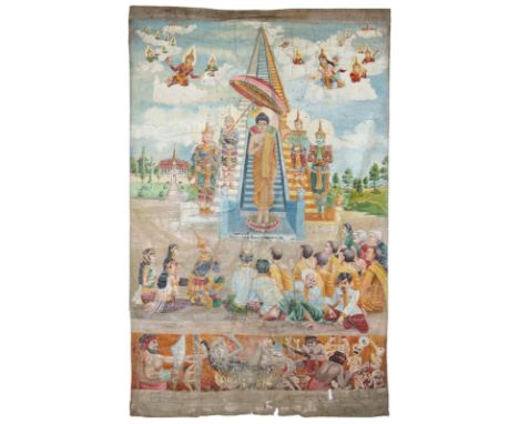 Rollbild (Patua).: Gouache auf Lwd., wohl Kambodscha 20. Jh. Ca. 186 x 117 cm.  Buddha am Fuße der Himmelstreppe, umgeben von